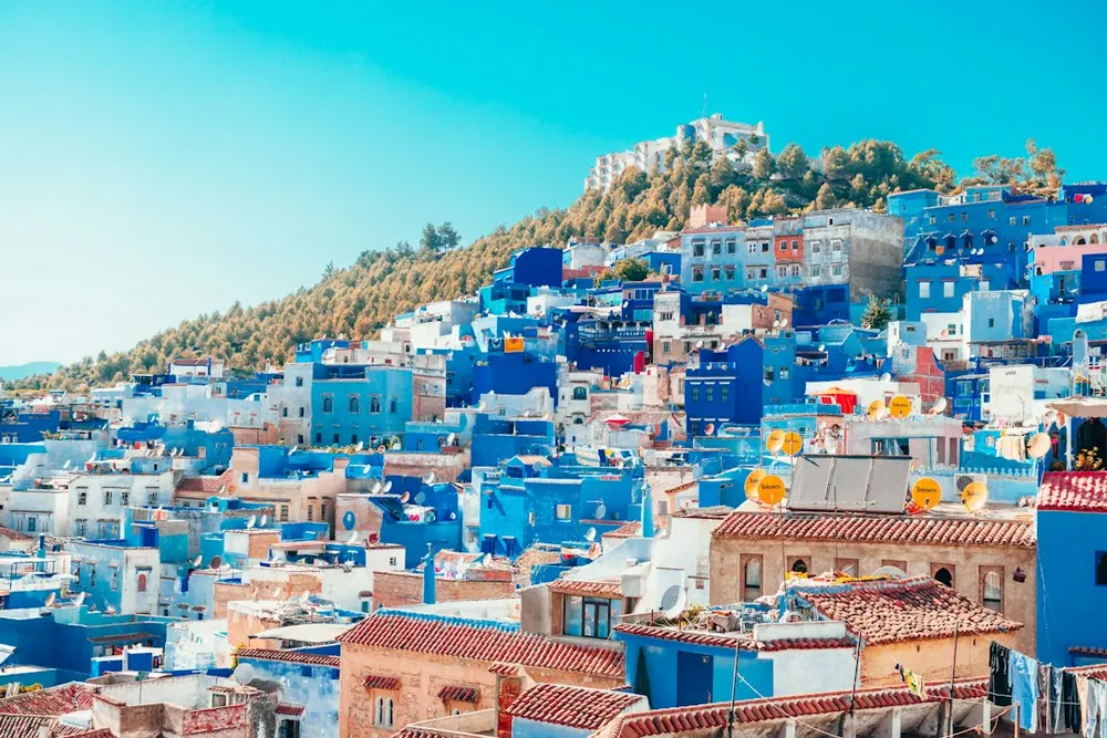 Blue and white houses on a hillside
