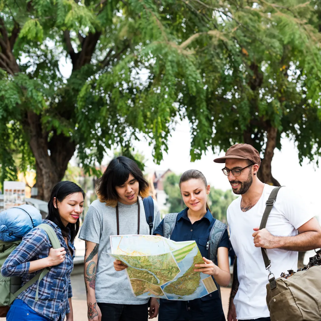 Students reading a map together
